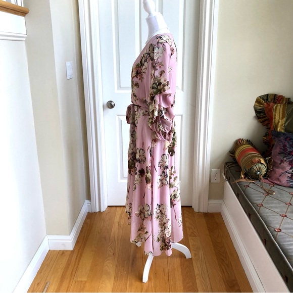 Gabby Skye Midi Dress in Pink Floral with Sharkbite Hem & Ruffled Sleeves (16) - Picture 3 of 8
